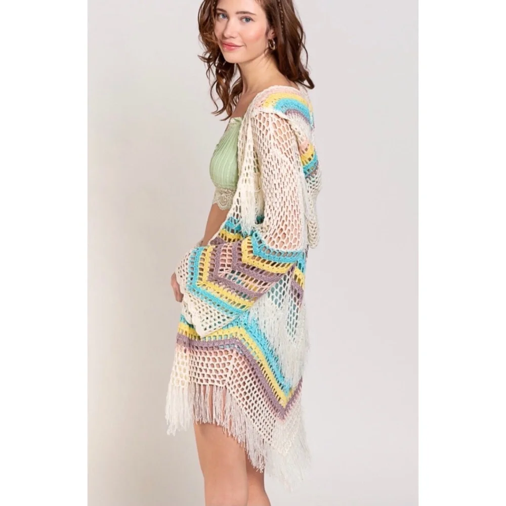 POL Beige Blue Crochet Hooded Cardigan with Fringe